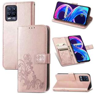 For OPPO Realme 8 5G / Realme V13 5G Four-leaf Clasp Embossed Buckle Mobile Phone Protection Leather Case with Lanyard & Card Slot & Wallet & Bracket Function(Rose Gold)