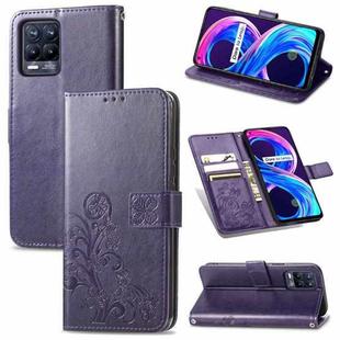 For OPPO Realme 8 5G / Realme V13 5G Four-leaf Clasp Embossed Buckle Mobile Phone Protection Leather Case with Lanyard & Card Slot & Wallet & Bracket Function(Purple)