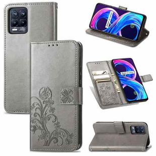 For OPPO Realme Q3 5G / Realme Q3i 5G Four-leaf Clasp Embossed Buckle Mobile Phone Protection Leather Case with Lanyard & Card Slot & Wallet & Bracket Function(Grey)