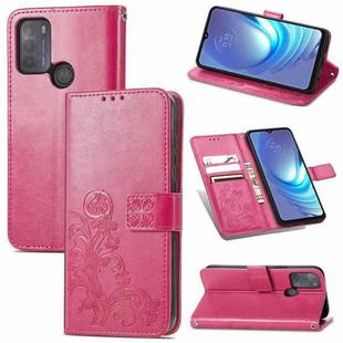 For Motorola Moto G50 Four-leaf Clasp Embossed Buckle Mobile Phone Protection Leather Case with Lanyard & Card Slot & Wallet & Bracket Function(Rose Red)