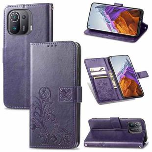 For Xiaomi Mi 11 Pro Four-leaf Clasp Embossed Buckle Mobile Phone Protection Leather Case with Lanyard & Card Slot & Wallet & Bracket Function(Purple)