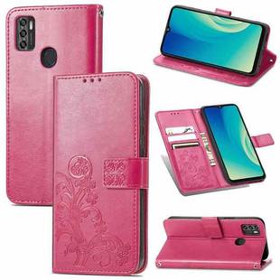 For ZTE A7S 2020 Four-leaf Clasp Embossed Buckle Mobile Phone Protection Leather Case with Lanyard & Card Slot & Wallet & Bracket Function(Rose Red)