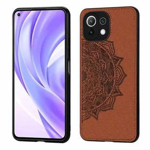For Xiaomi Mi 11 Lite Mandala Embossed Cloth Cover PC + TPU Mobile Phone Case with Magnetic Function and Hand Strap(Brown)