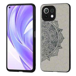 For Xiaomi Mi 11 Lite Mandala Embossed Cloth Cover PC + TPU Mobile Phone Case with Magnetic Function and Hand Strap(Grey)