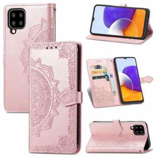 For Samsung Galaxy A22 4G Mandala Embossing Pattern Horizontal Flip Leather Case with Holder & Card Slots & Wallet & Lanyard(Rose Gold)