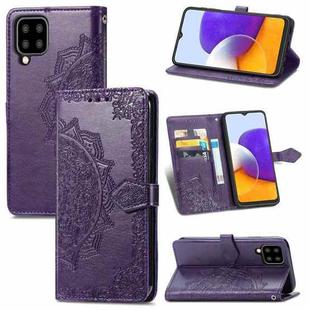 For Samsung Galaxy A22 4G Mandala Embossing Pattern Horizontal Flip Leather Case with Holder & Card Slots & Wallet & Lanyard(Purple)