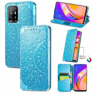 For OPPO A94 5G / Reno5 Z Blooming Mandala Embossed Pattern Magnetic Horizontal Flip Leather Case with Holder & Card Slots & Wallet(Blue)