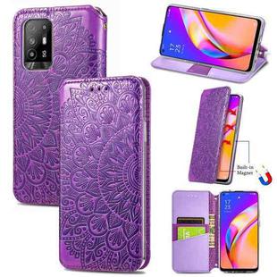 For OPPO A94 5G / Reno5 Z Blooming Mandala Embossed Pattern Magnetic Horizontal Flip Leather Case with Holder & Card Slots & Wallet(Purple)