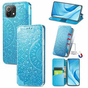 For Xiaomi Mi 11 Lite Blooming Mandala Embossed Pattern Magnetic Horizontal Flip Leather Case with Holder & Card Slots & Wallet(Blue)