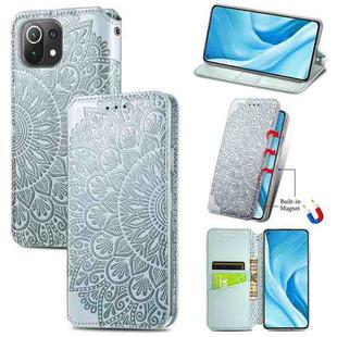 For Xiaomi Mi 11 Lite Blooming Mandala Embossed Pattern Magnetic Horizontal Flip Leather Case with Holder & Card Slots & Wallet(Grey)