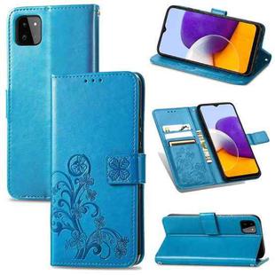 For Samsung Galaxy A22 5G Four-leaf Clasp Embossed Buckle Mobile Phone Protection Leather Case with Lanyard & Card Slot & Wallet & Bracket Function(Blue)
