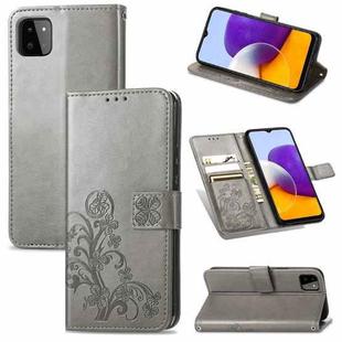 For Samsung Galaxy A22 5G Four-leaf Clasp Embossed Buckle Mobile Phone Protection Leather Case with Lanyard & Card Slot & Wallet & Bracket Function(Gray)
