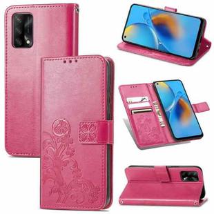 For OPPO F19 Four-leaf Clasp Embossed Buckle Mobile Phone Protection Leather Case with Lanyard & Card Slot & Wallet & Bracket Function(Magenta)