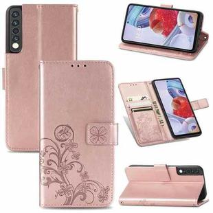 For LG Stylo 7 4G Four-leaf Clasp Embossed Buckle Mobile Phone Protection Leather Case with Lanyard & Card Slot & Wallet & Bracket Function(Rose Gold)