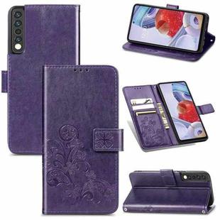 For LG Stylo 7 4G Four-leaf Clasp Embossed Buckle Mobile Phone Protection Leather Case with Lanyard & Card Slot & Wallet & Bracket Function(Purple)