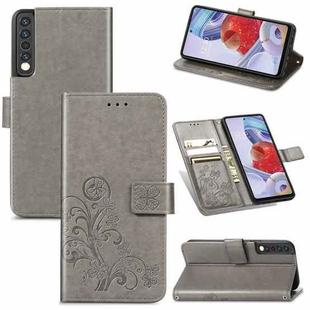 For LG Stylo 7 4G Four-leaf Clasp Embossed Buckle Mobile Phone Protection Leather Case with Lanyard & Card Slot & Wallet & Bracket Function(Gray)