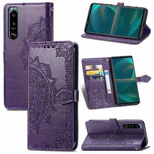 For Sony Xperia 5 III Mandala Flower Embossed Horizontal Flip Leather Case with Bracket / Card Slot / Wallet / Lanyard(Purple)