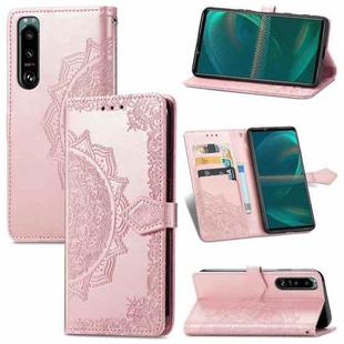 For Sony Xperia 5 III Mandala Flower Embossed Horizontal Flip Leather Case with Bracket / Card Slot / Wallet / Lanyard(Rose Gold)