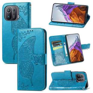 For Xiaomi Mi 11 Pro Butterfly Love Flowers Embossed Horizontal Flip Leather Case with Holder & Card Slots & Wallet & Lanyard(Blue)