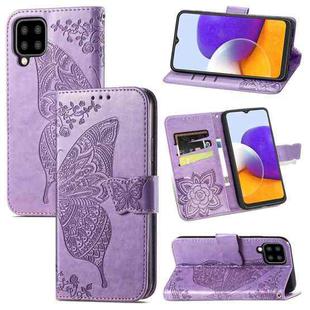 For Samsung Galaxy A22 4G Butterfly Love Flowers Embossed Horizontal Flip Leather Case with Holder & Card Slots & Wallet & Lanyard(Light Purple)