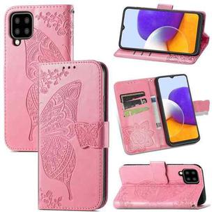 For Samsung Galaxy A22 4G Butterfly Love Flowers Embossed Horizontal Flip Leather Case with Holder & Card Slots & Wallet & Lanyard(Pink)