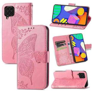 For Samsung Galaxy F62 Butterfly Love Flowers Embossed Horizontal Flip Leather Case with Holder & Card Slots & Wallet & Lanyard(Pink)