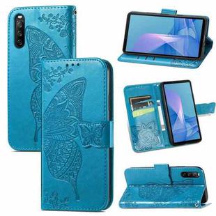 For Sony Xperia 10 III Butterfly Love Flowers Embossed Horizontal Flip Leather Case with Holder & Card Slots & Wallet & Lanyard(Blue)