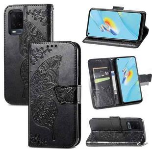 For OPPO A54 4G Butterfly Love Flowers Embossed Horizontal Flip Leather Case with Holder & Card Slots & Wallet & Lanyard(Black)