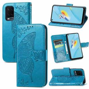 For OPPO A54 4G Butterfly Love Flowers Embossed Horizontal Flip Leather Case with Holder & Card Slots & Wallet & Lanyard(Blue)