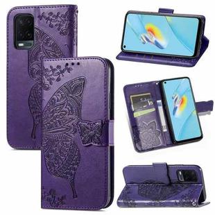 For OPPO A54 4G Butterfly Love Flowers Embossed Horizontal Flip Leather Case with Holder & Card Slots & Wallet & Lanyard(Dark Purple)