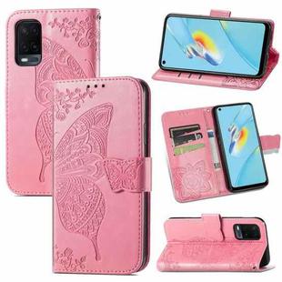 For OPPO A54 4G Butterfly Love Flowers Embossed Horizontal Flip Leather Case with Holder & Card Slots & Wallet & Lanyard(Pink)