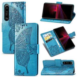 For Sony Xperia 1 III Butterfly Love Flower Embossed Horizontal Flip Leather Case with Bracket / Card Slot / Wallet / Lanyard(Blue)