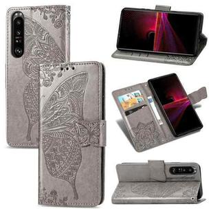 For Sony Xperia 1 III Butterfly Love Flower Embossed Horizontal Flip Leather Case with Bracket / Card Slot / Wallet / Lanyard(Grey)