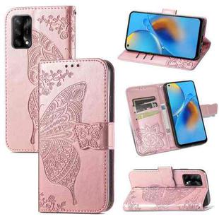 For OPPO F19  4G/ A74 4G Butterfly Love Flower Embossed Horizontal Flip Leather Case with Bracket / Card Slot / Wallet / Lanyard(Rose Gold)
