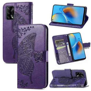 For OPPO F19  4G/ A74 4G Butterfly Love Flower Embossed Horizontal Flip Leather Case with Bracket / Card Slot / Wallet / Lanyard(Dark Purple)
