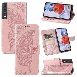 For LG Stylo 7 4G Butterfly Love Flower Embossed Horizontal Flip Leather Case with Bracket / Card Slot / Wallet / Lanyard(Rose Gold)