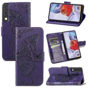 For LG Stylo 7 4G Butterfly Love Flower Embossed Horizontal Flip Leather Case with Bracket / Card Slot / Wallet / Lanyard(Dark Purple)