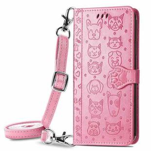 For Samsung Galaxy A22 4G Cute Cat and Dog Embossed Horizontal Flip Leather Case with Holder & Card Slots & Wallet & Crossbody Lanyard & Card Cover(Pink)