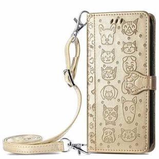 For Samsung Galaxy A22 5G Cute Cat and Dog Embossed Horizontal Flip Leather Case with Holder & Card Slots & Wallet & Crossbody Lanyard & Card Cover(Gold)