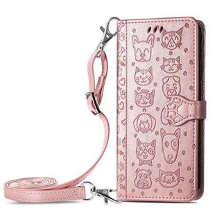 For Samsung Galaxy A52 5G/4G Cute Cat and Dog Embossed Horizontal Flip Leather Case with Holder & Card Slots & Wallet & Crossbody Lanyard & Card Cover(Rose Gold)