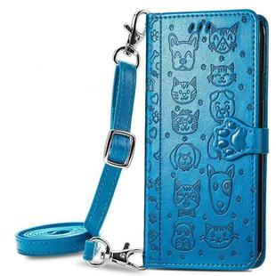 For Samsung Galaxy A52 5G/4G Cute Cat and Dog Embossed Horizontal Flip Leather Case with Holder & Card Slots & Wallet & Crossbody Lanyard & Card Cover(Blue)