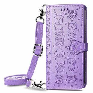 For Samsung Galaxy A52 5G/4G Cute Cat and Dog Embossed Horizontal Flip Leather Case with Holder & Card Slots & Wallet & Crossbody Lanyard & Card Cover(Purple)