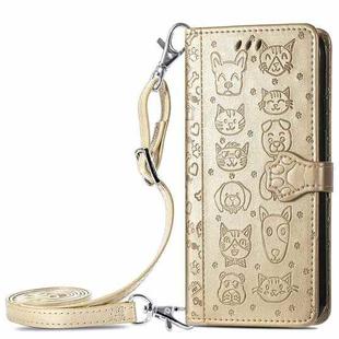 Cute Cat and Dog Embossed Horizontal Flip Leather Case with Holder & Card Slots & Wallet & Crossbody Lanyard & Card Cover(Gold)(For Samsung Galaxy A32 5G)