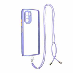 For Xiaomi Redmi K40 / K40 Pro Transparent PC+TPU Phone Case with Contrast Color Button & Neck Lanyard(Purple)