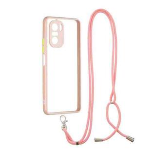 For Xiaomi Redmi K40 / K40 Pro Transparent PC+TPU Phone Case with Contrast Color Button & Neck Lanyard(Pink)