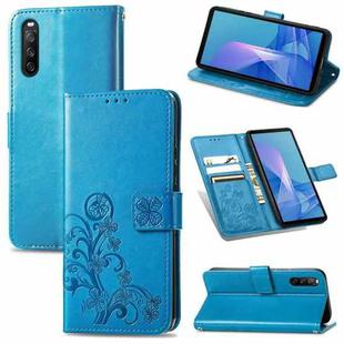 For Sony Xperia 10 III Four-leaf Clasp Embossed Buckle Mobile Phone Protection Leather Case with Lanyard & Card Slot & Wallet & Bracket Function(Blue)