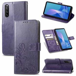 For Sony Xperia 10 III Four-leaf Clasp Embossed Buckle Mobile Phone Protection Leather Case with Lanyard & Card Slot & Wallet & Bracket Function(Purple)