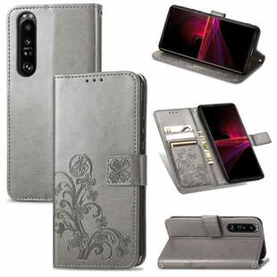 For Sony Xperia 1 III Four-leaf Clasp Embossed Buckle Mobile Phone Protection Leather Case with Lanyard & Card Slot & Wallet & Bracket Function(Gray)
