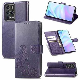 For ZTE Axon 30 Ultra 5G Four-leaf Clasp Embossed Buckle Mobile Phone Protection Leather Case with Lanyard & Card Slot & Wallet & Bracket Function(Purple)