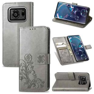 For Sharp R6 Four-leaf Clasp Embossed Buckle Mobile Phone Protection Leather Case with Lanyard & Card Slot & Wallet & Bracket Function(Gray)